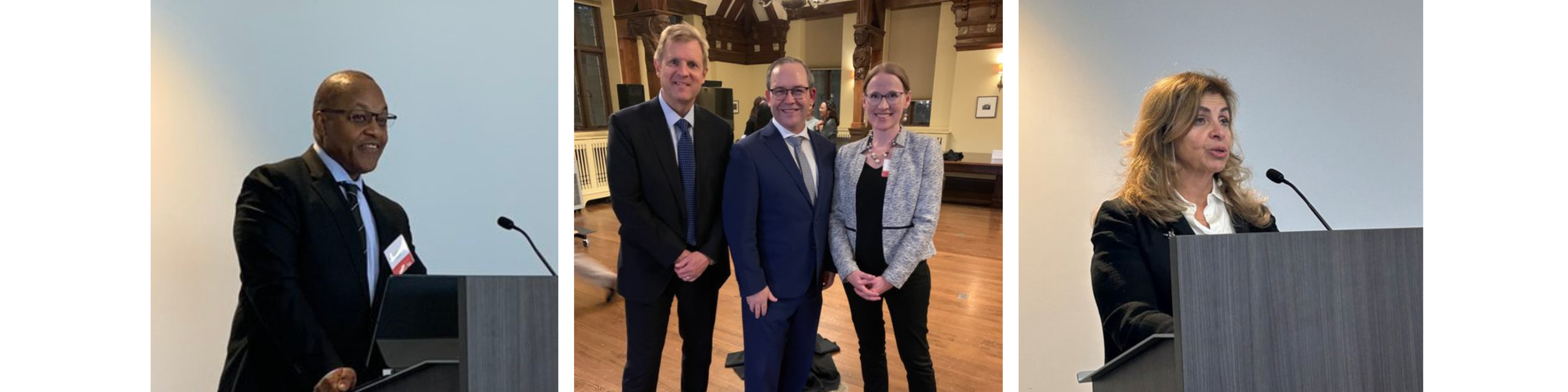 First photo: Chief Justice Michael Tulloch; second photo: Attorney General Doug Downey with Dean Trevor Farrow and Professor Suzie Chiodo; third photo: Justice Andromache Karakatsanis.